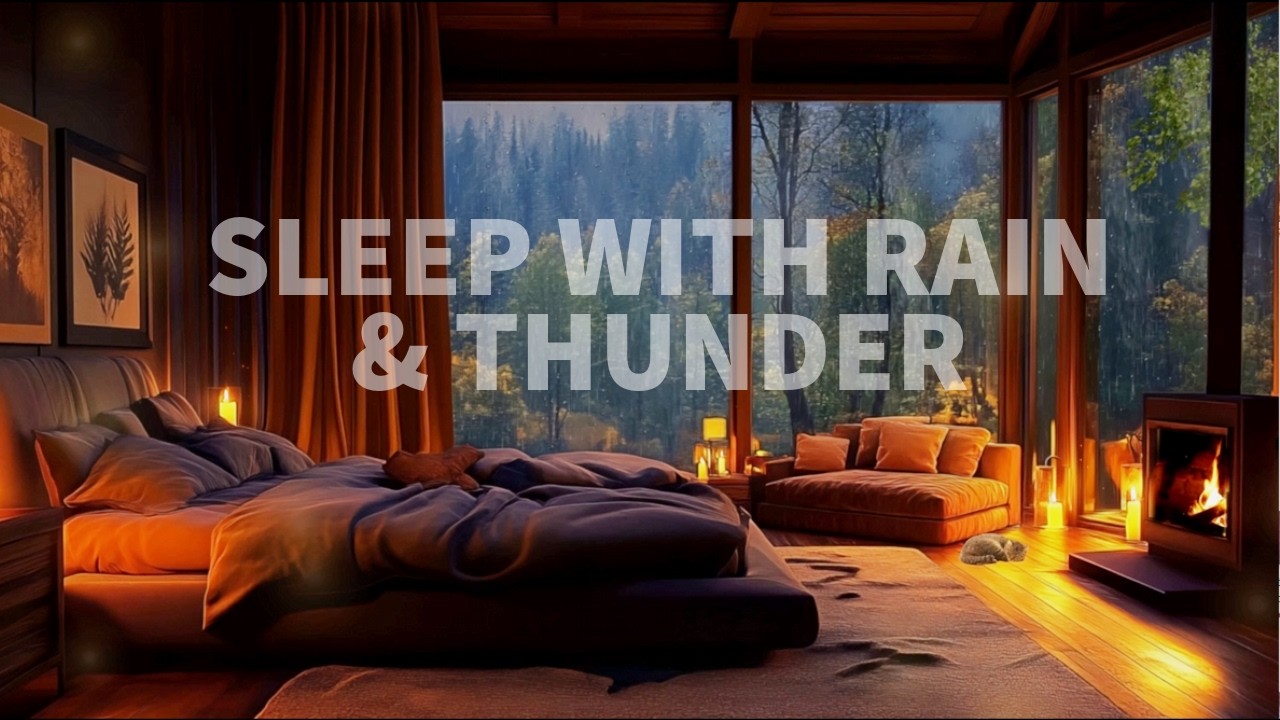 Heavy Rain & Thunder Sounds at Cozy Cabin Night 🌧️ Fireplace for Sleep (1 Hour)