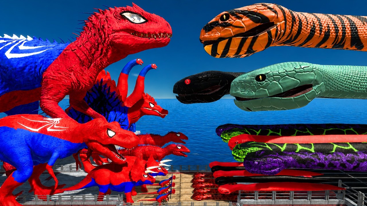 Spiderman Indominus Rex vs Giant Snake Team | Dino Bridge Challenge | Animal Revolt Battle Simulator