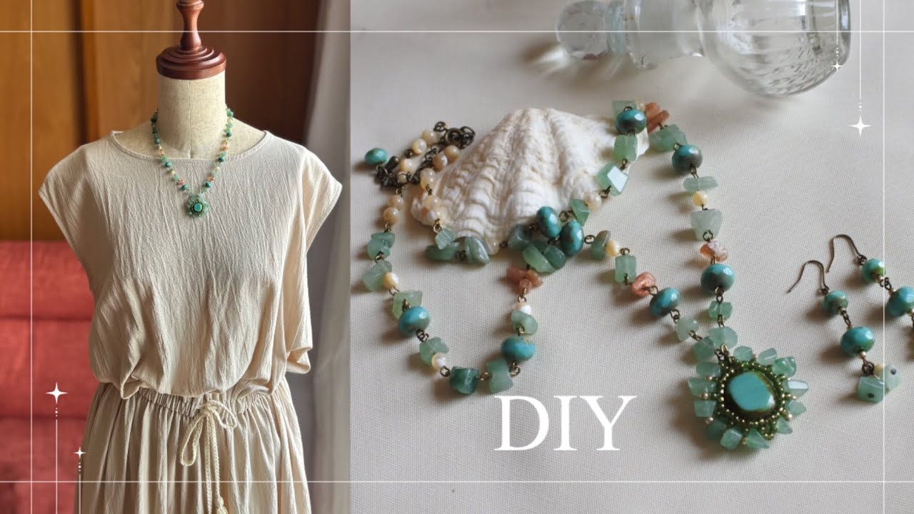 DIY★エメラルドターコイズカラーのリゾートネックレスの作り方