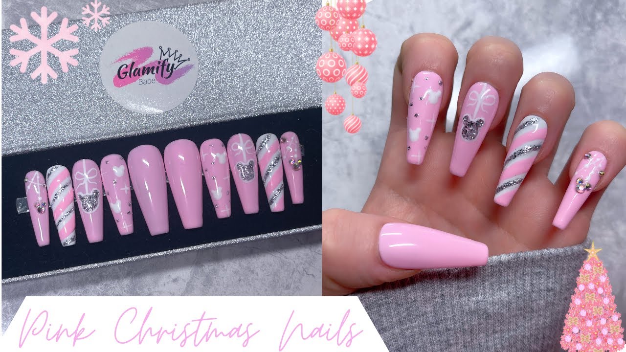 CUTE PINK CHRISTMAS NAIL DESIGN| HOW TO MAKE PRESS ON NAILS| NAIL TUTORIAL| NAIL ART| NAIL GEMS