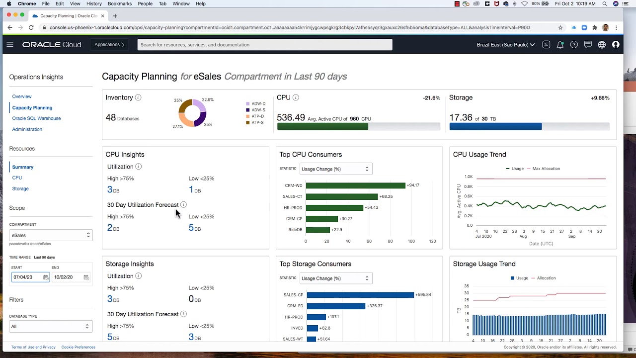 Oracle Cloud Infrastructure Operations Insights Capacity Planning