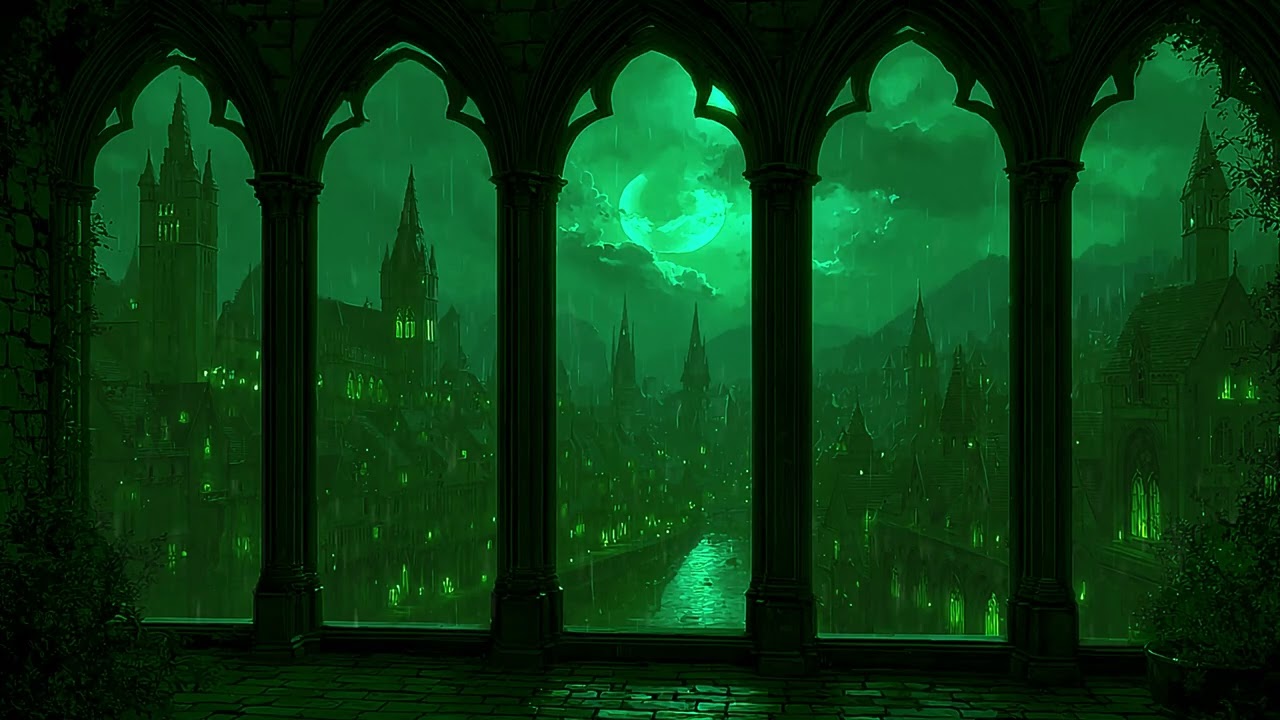 4K Gothic Castle Window Rain at Night in Medieval Fortress – Insomnia, Tinnitus & Sleep Therapy