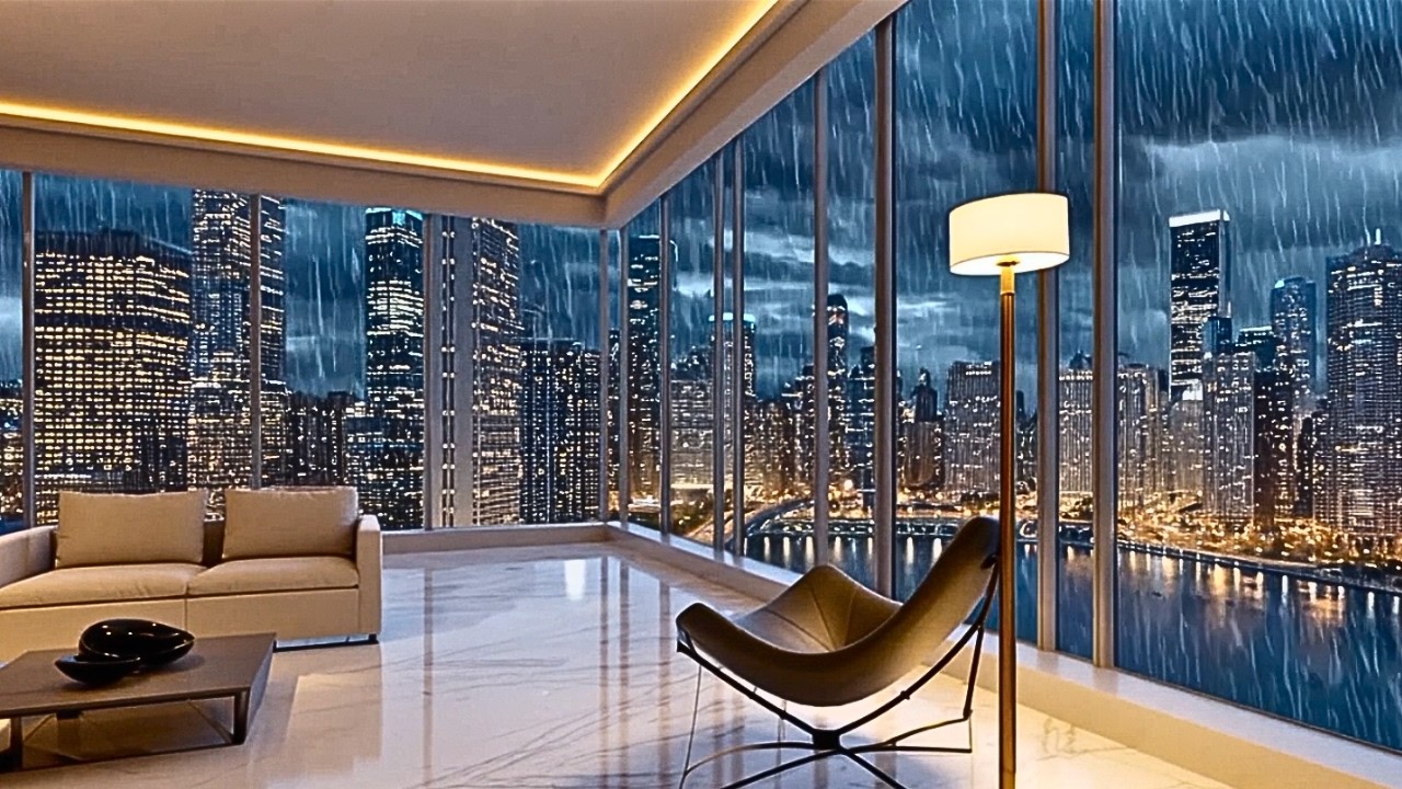 Chicago Rainy Night in a Riverfront Penthouse | Luxury City Rain Ambience