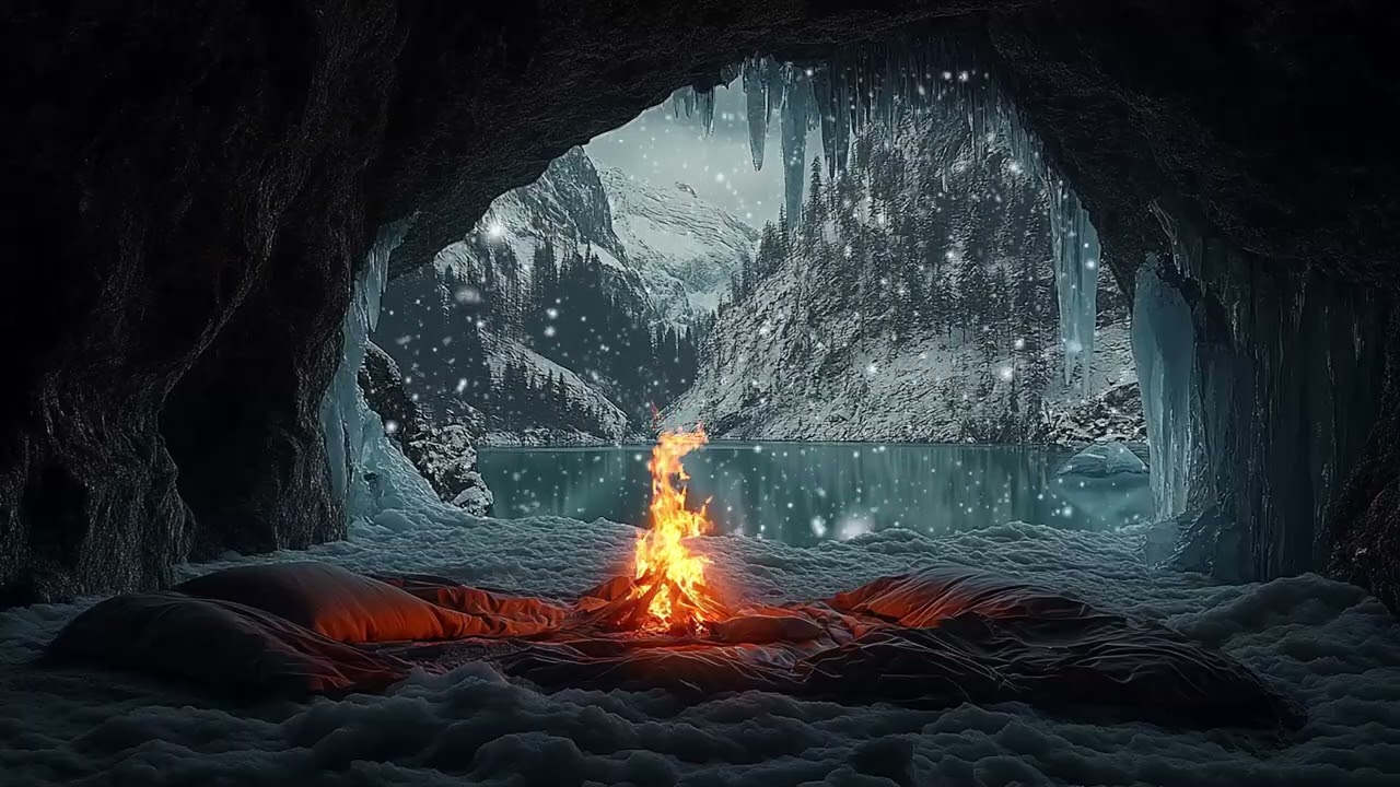 Winter Blizzard and Crackling Fire Sound in a Cave for Deep Sleep Stress Relief and Relaxation