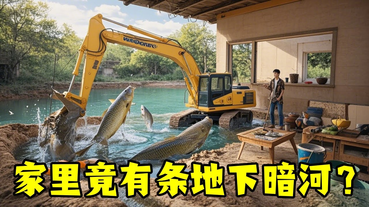 帅哥挖机扩建钓鱼房，竟挖通地下暗河，米级巨物惊现客厅！