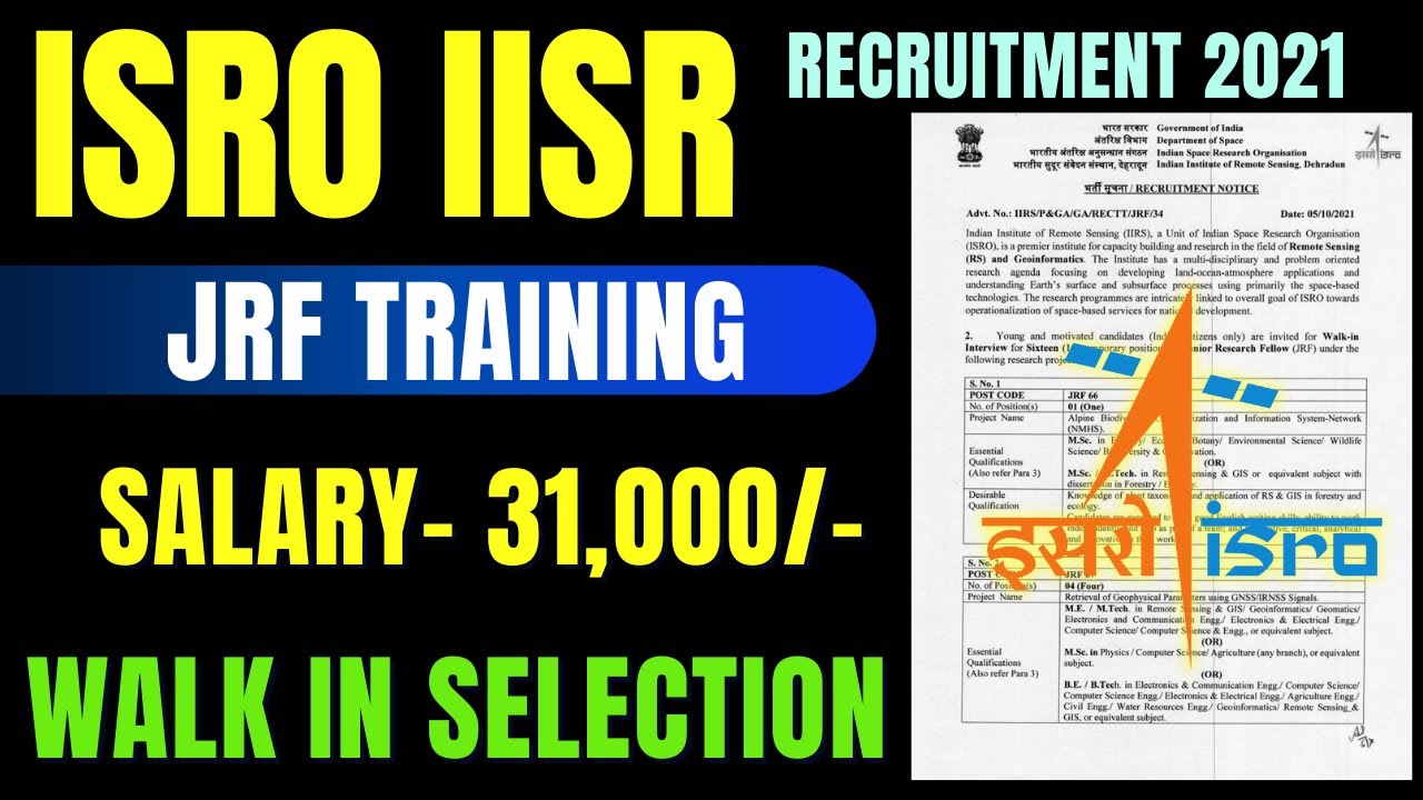 ISRO IISR Recruitment 2021 JRF, Salary- 31,000/- || ISRO Junior Research Fellowship training Job