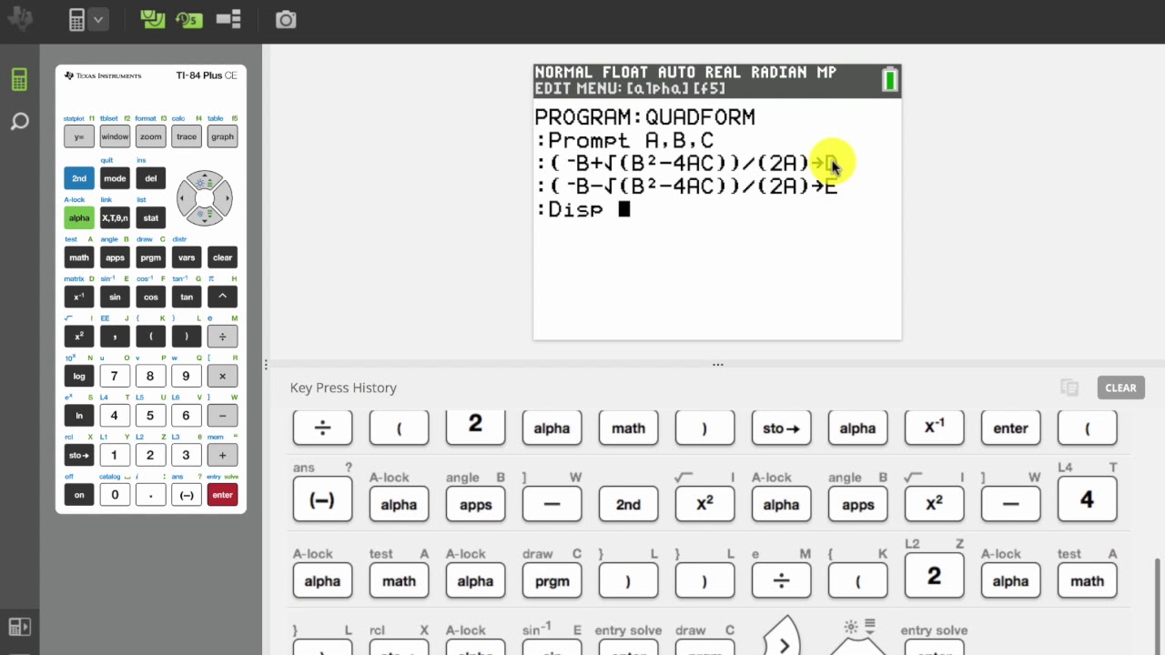 Storing the Quadratic Formula in the TI-84 Plus CE