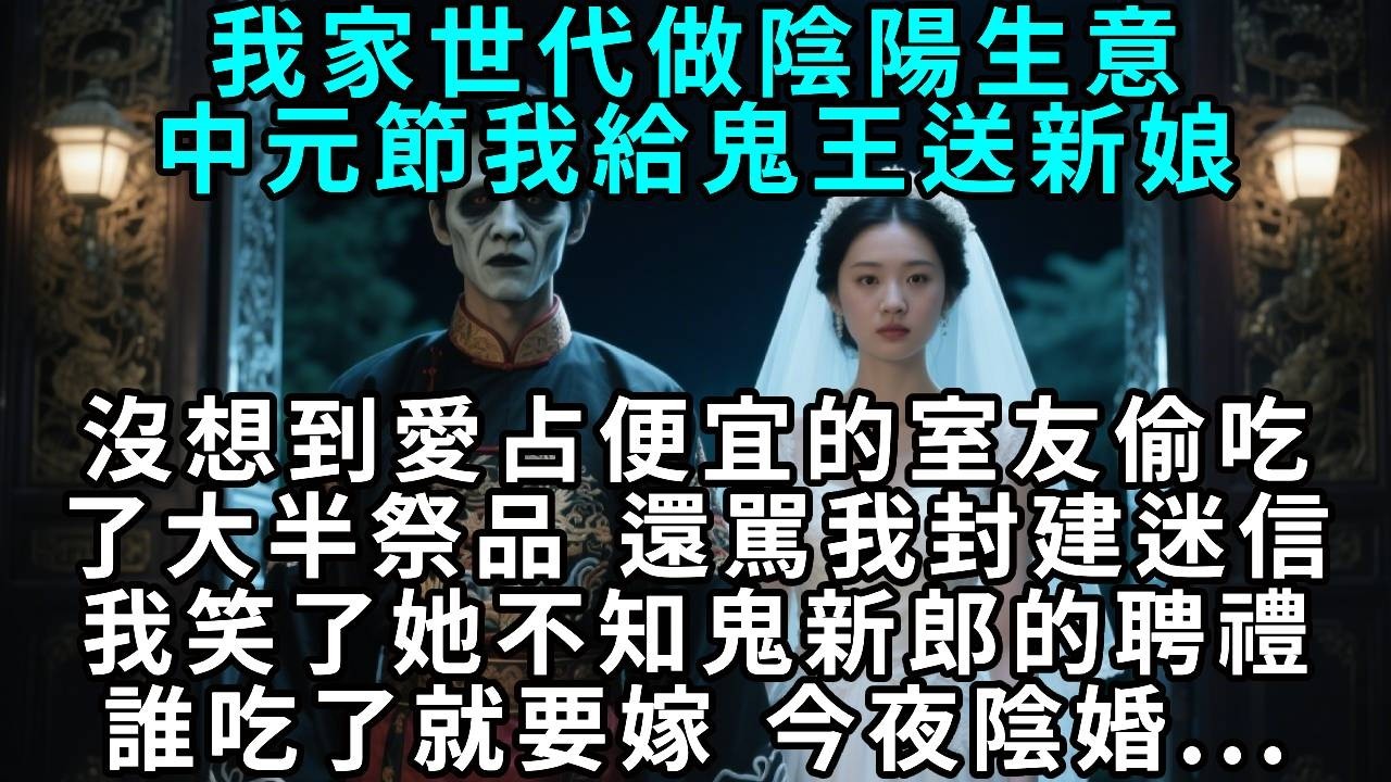 我家世代做陰陽生意，中元節我給鬼王送新娘，沒想到愛佔便宜的室友偷吃了大半祭品，還罵我封建迷信。我笑了，她不知鬼新郎的聘禮，誰吃了就要嫁，今夜陰婚……