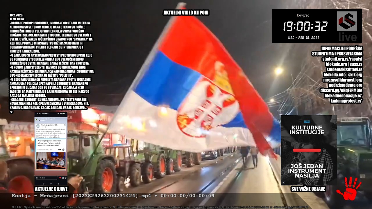 PROTESTI 18.2.2026. BLOKADE POLJOPRIVREDNIKA, SARAJEVO, NOVI SAD, BEOGRAD, NI&Scaron;, KRALJEVO, ČAČAK...