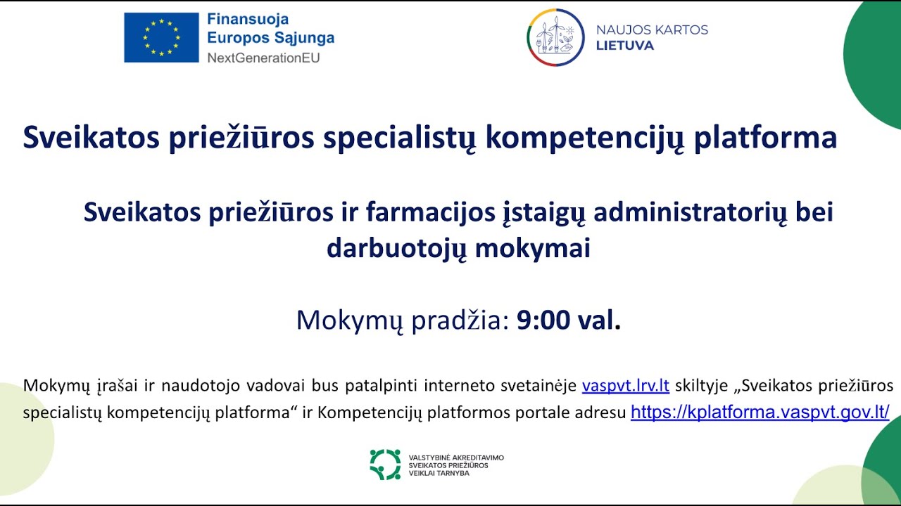 Sveikatos priežiūros ir farmacijos įstaigų administratorių ir darbuotojų mokymai