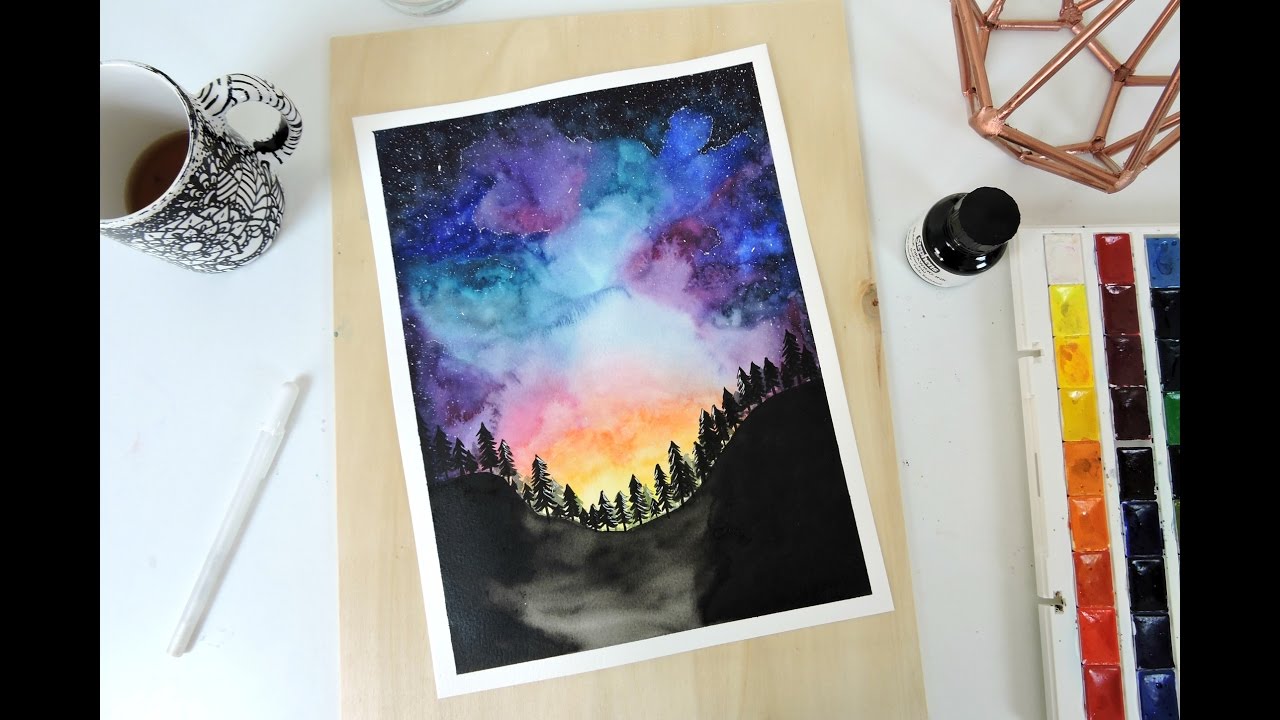 DIBUJO TUMBLR - BOSQUE CON GALAXIA EN ACUARELAS / GALAXY FOREST WATERCOLOR SPEED DRAWING