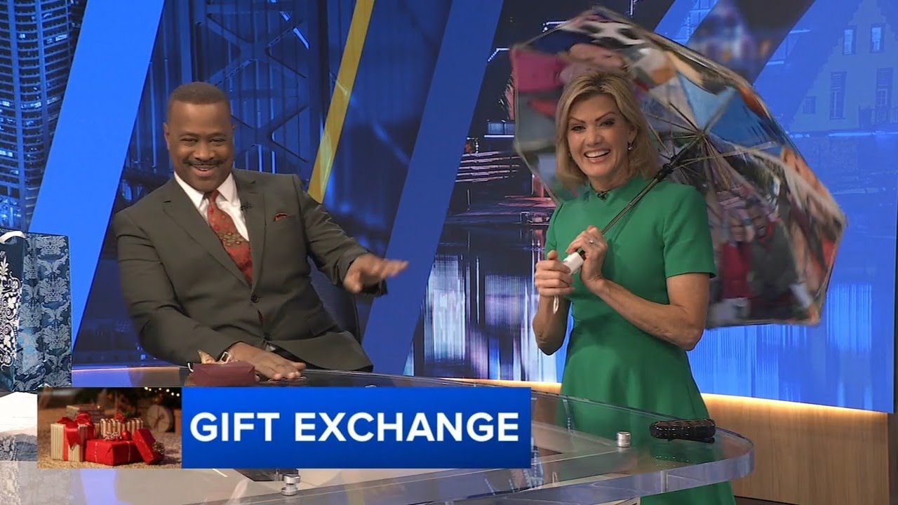 Cecily Tynan and Rick Williams exchange gifts on Action News at 11
