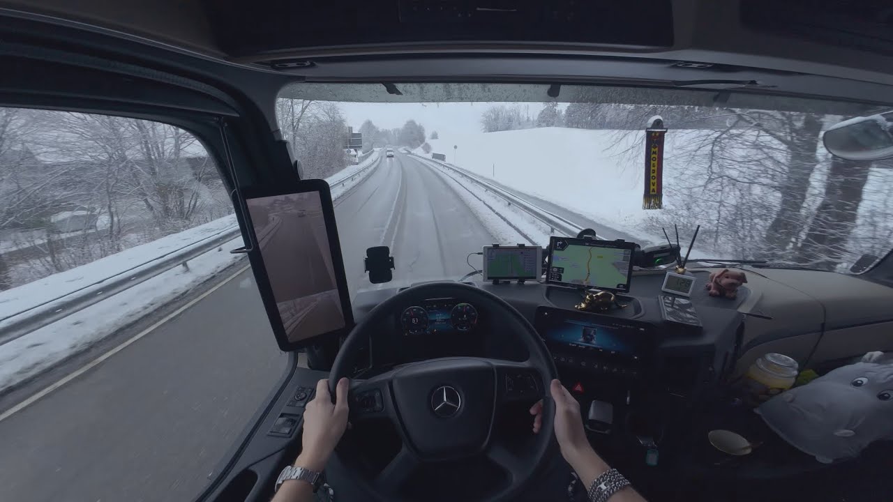POV Truck Driving MERCEDES ACTROS in GERMANY on a Snowy Day | 4K
