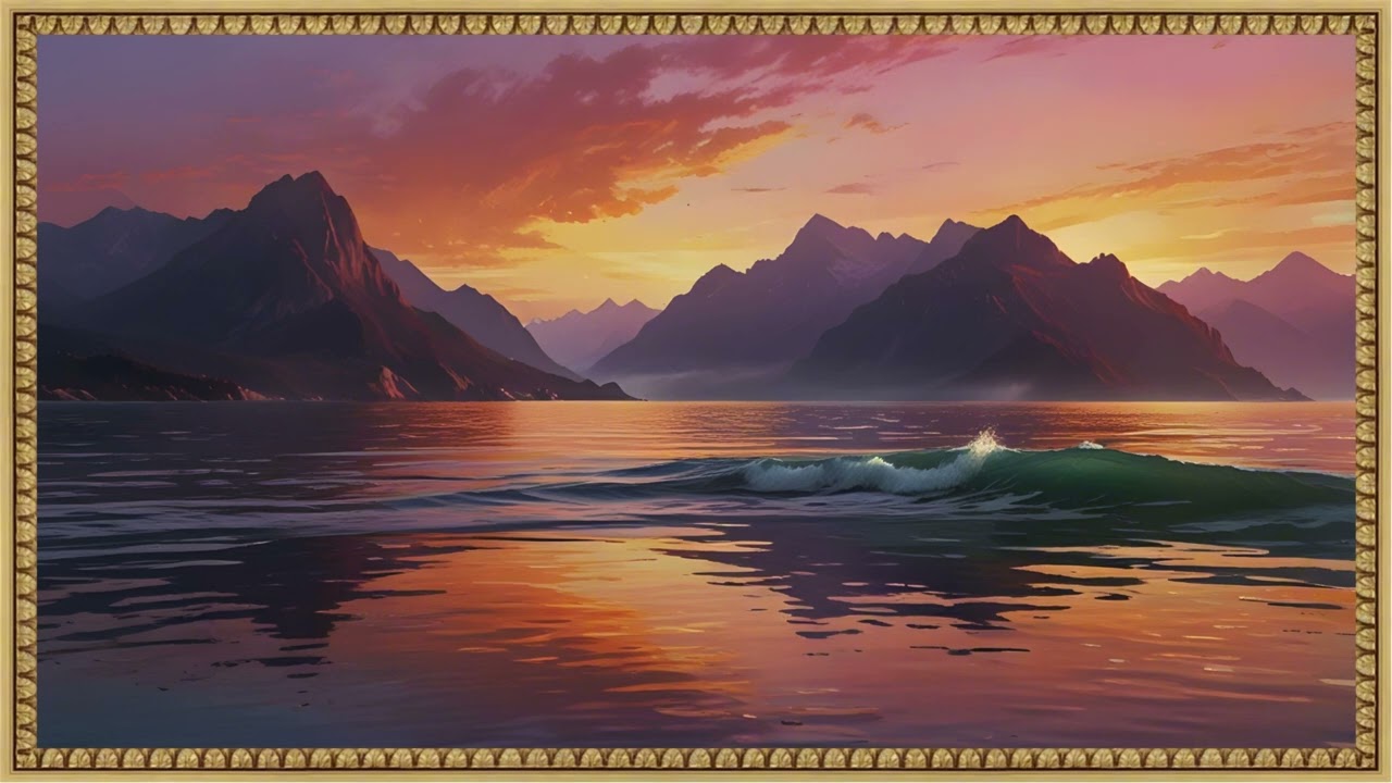 Breathtaking Ocean Sunrise Painting with Mountains | 4K Frame TV Art