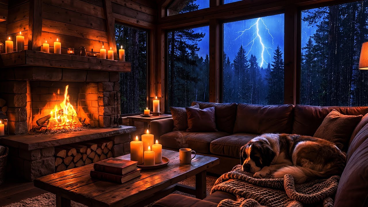Уютная хижина, атмосфера грозы ⛈️, треск камина и сон 🐾 собаки