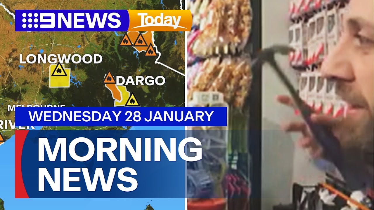 Emergency bushfire warning; Hammer allegedly pulled on customer during livestream | 9 News Australia