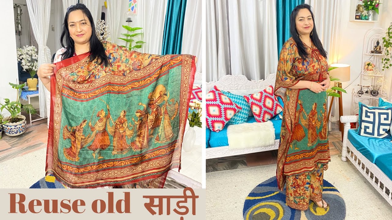 How to Reuse old saree|Kaftan cutting| Saree Reuse Idea|kurti/palazzo cutting and Stitching|ashigaut
