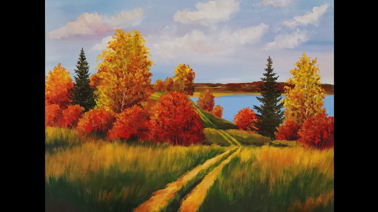 Осенний пейзаж гуашью.