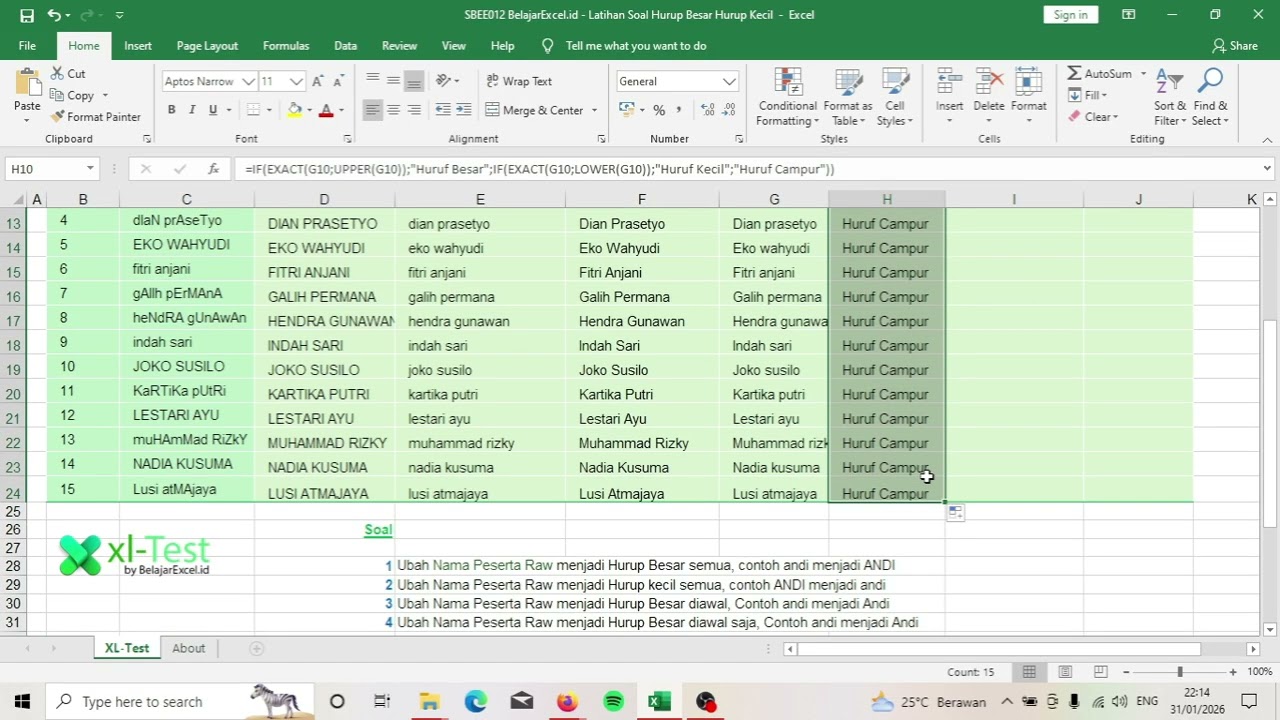 Latihan Soal Excel Standarisasi Huruf pada Data