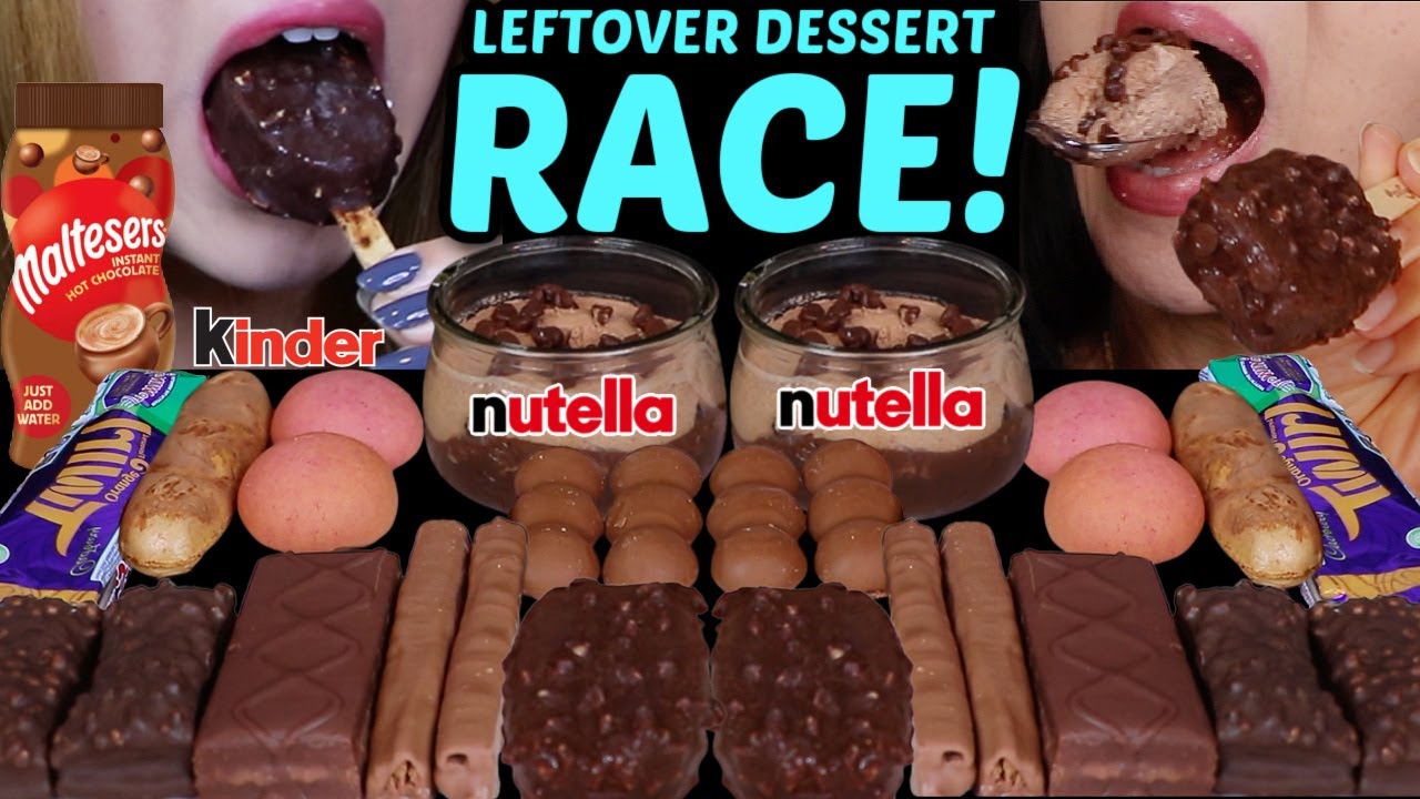 ASMR LEFTOVER DESSERT RACE! MINI DOVE ICE CREAM BARS, CHOCOLATE CHIP MOUSSE CAKE, NUTELLA, KINDER 먹방