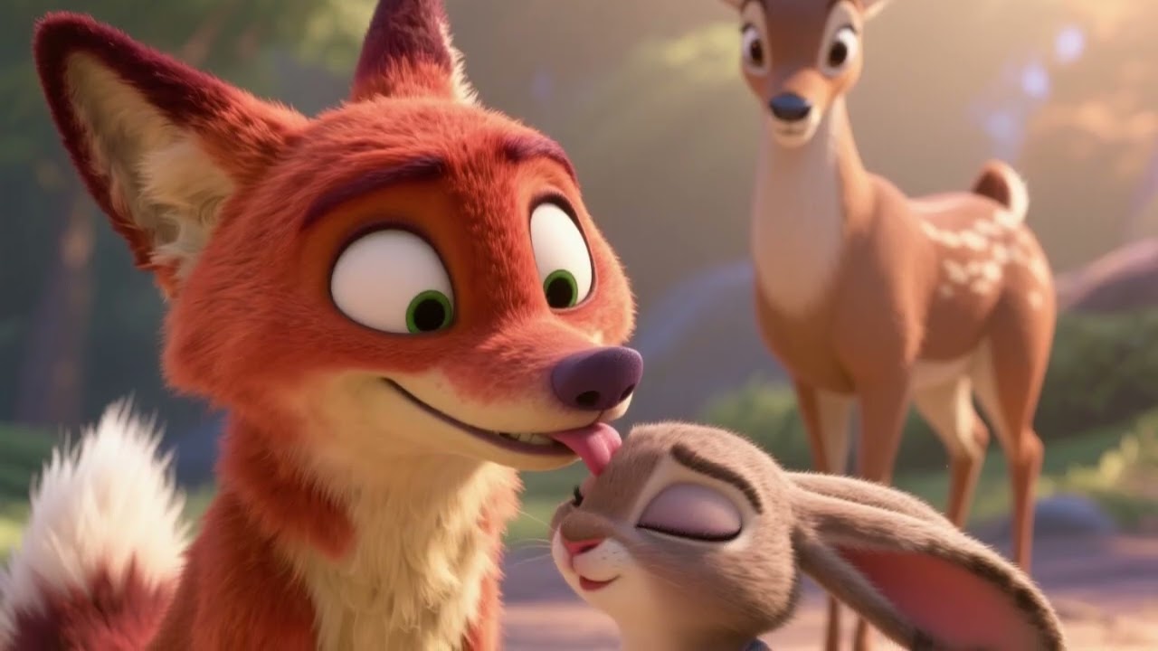 Happy animals in the green forest