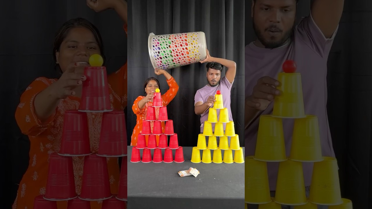 Impossible balance ping pong ball and collect cup pyramid challenge #shorts