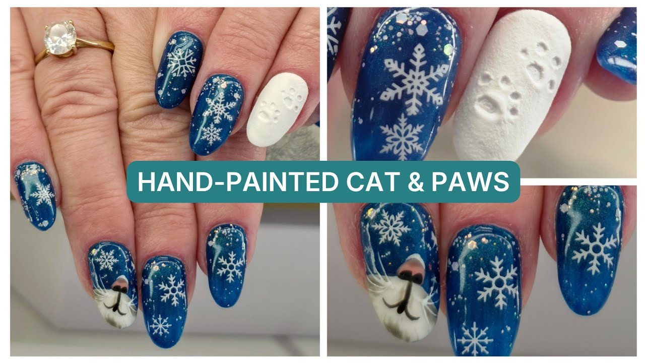 Snowy Winter Cat Nails | Hand-Painted Cat & Paw Nail Art Tutorial
