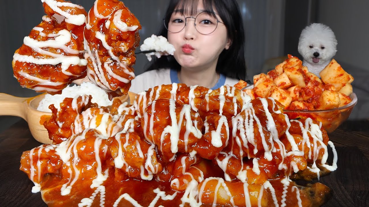 Приправленная курица и рис,😋нарезанный кубиками редис кимчи (ккакдуги)ㅣMukbang ASMR
