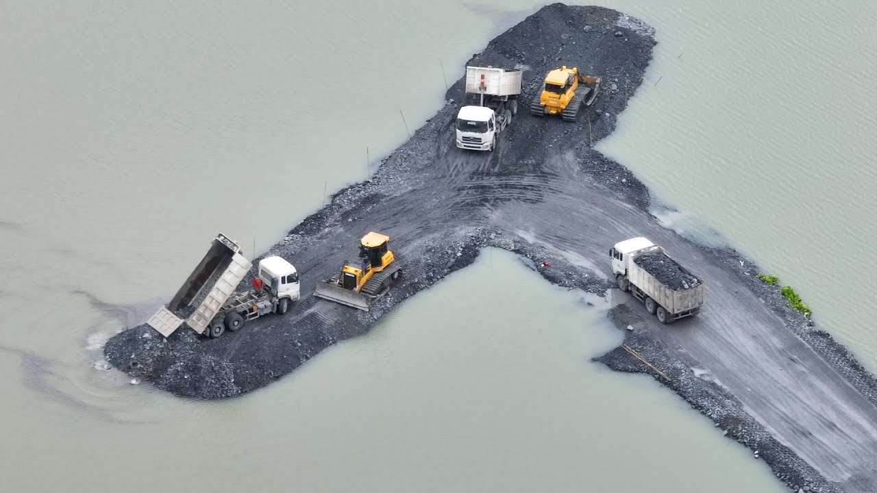 Incredible Project Building Road By SHANTUI DH17c2 Dozer Pushing Stone & 10Wheels Truck Dumping Ston
