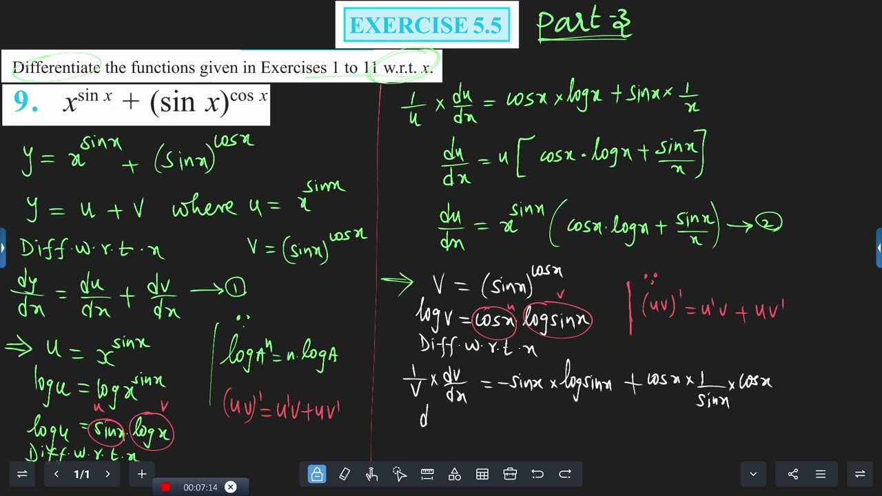 Class 12 Maths CBSE Ex5.5 (9 to 12) / Chap-5. Continuity and differentiability/ Ex5.5(9-12)