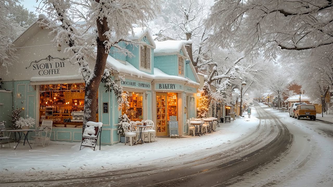 Gentle Winter Morning Jazz ☕ Snowy Coffee & Bakery on a Peaceful Small Town Street | Warm Jazz Vibes
