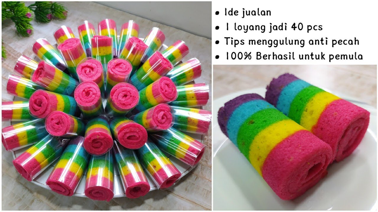 RESEP RAINBOW CAKE GULUNG MINI || Lentur tidak mudah pecah,super lembut & empuk _ (100% sukses)