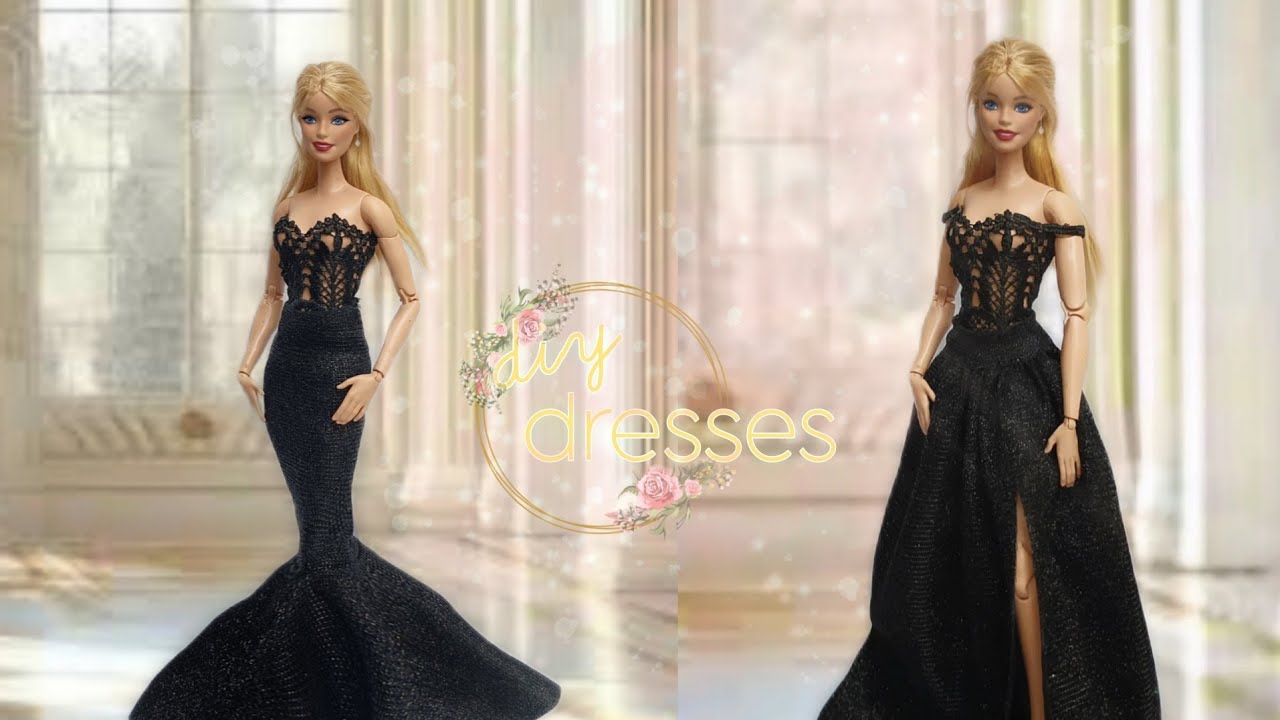 Barbie doll decor | how to make partywear dress for doll | black gown for doll  🖤
