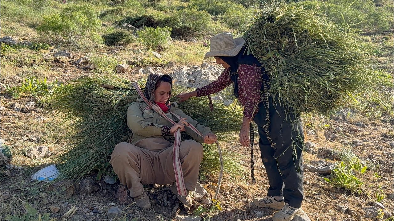 The hard life of mother and daughter in the mountains; carrying forage on shoulders.