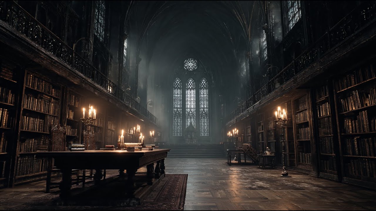 Gothic Library with Stone Walls — Dark Academia Ambient Music (1 Hour)