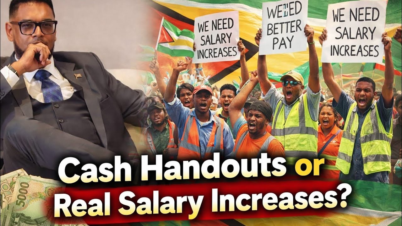 CASH HANDOUTS CAN'T SILENCE WORKERS!President Irfaan Ali, salary increase, no cash grants.