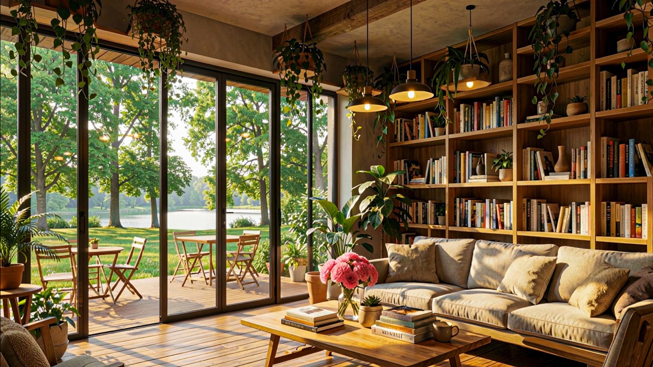 Quiet Lakeside Coffee Morning ☕ Elegant Library Café Ambience with Soft Jazz for Reading & Study