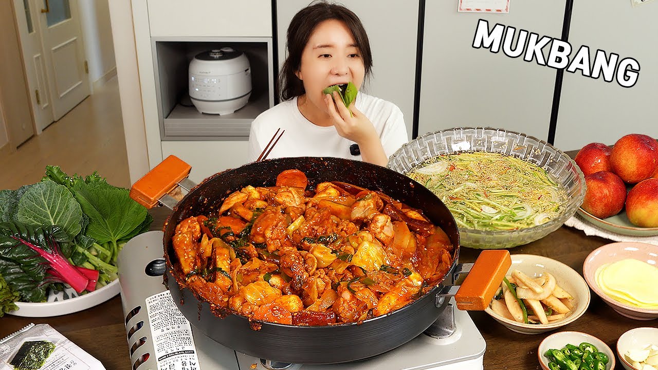 🍲 Кулинарный Мукбанг :) Острый цыплёнок и холодный огуречный суп | Корейская летняя еда