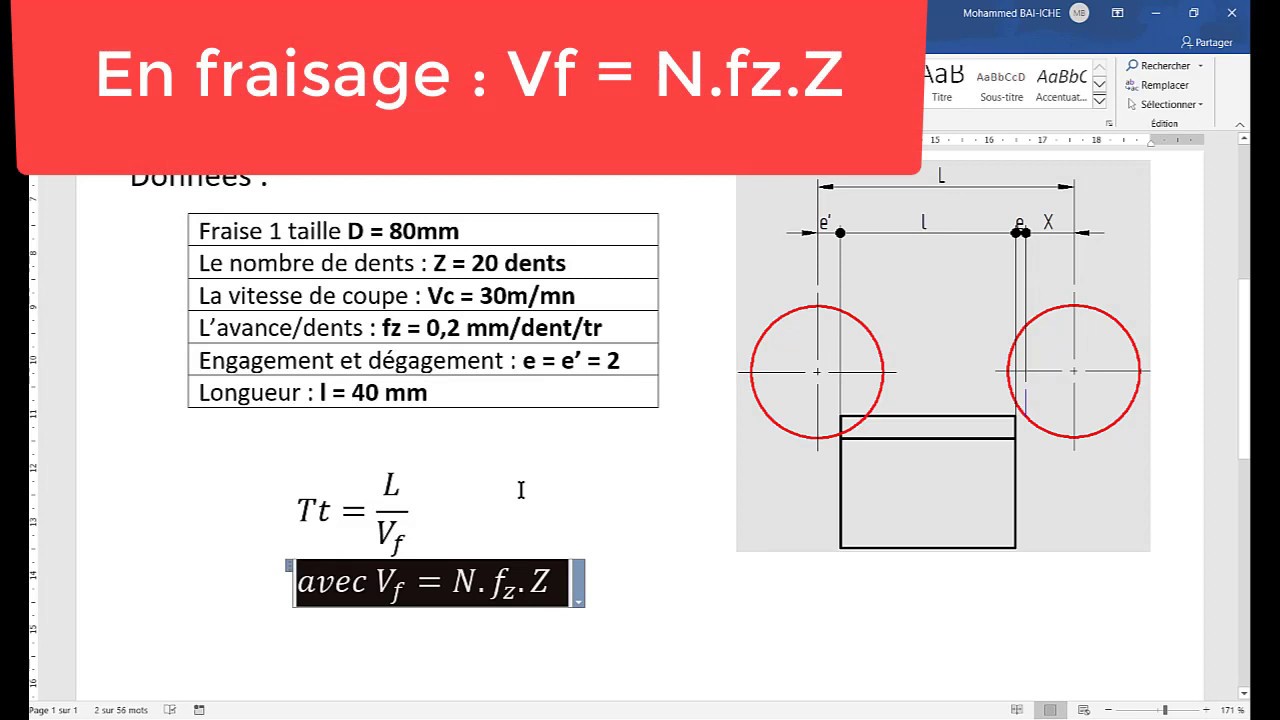 Temps technologique (Tt) : Fraisage de profil