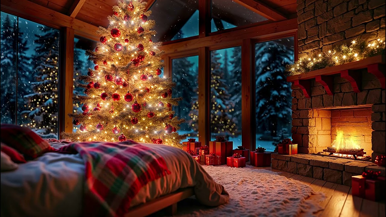 🎄Cozy Christmas Bedroom | 🔥Fireplace Crackling | Holiday Ambience (No Music)
