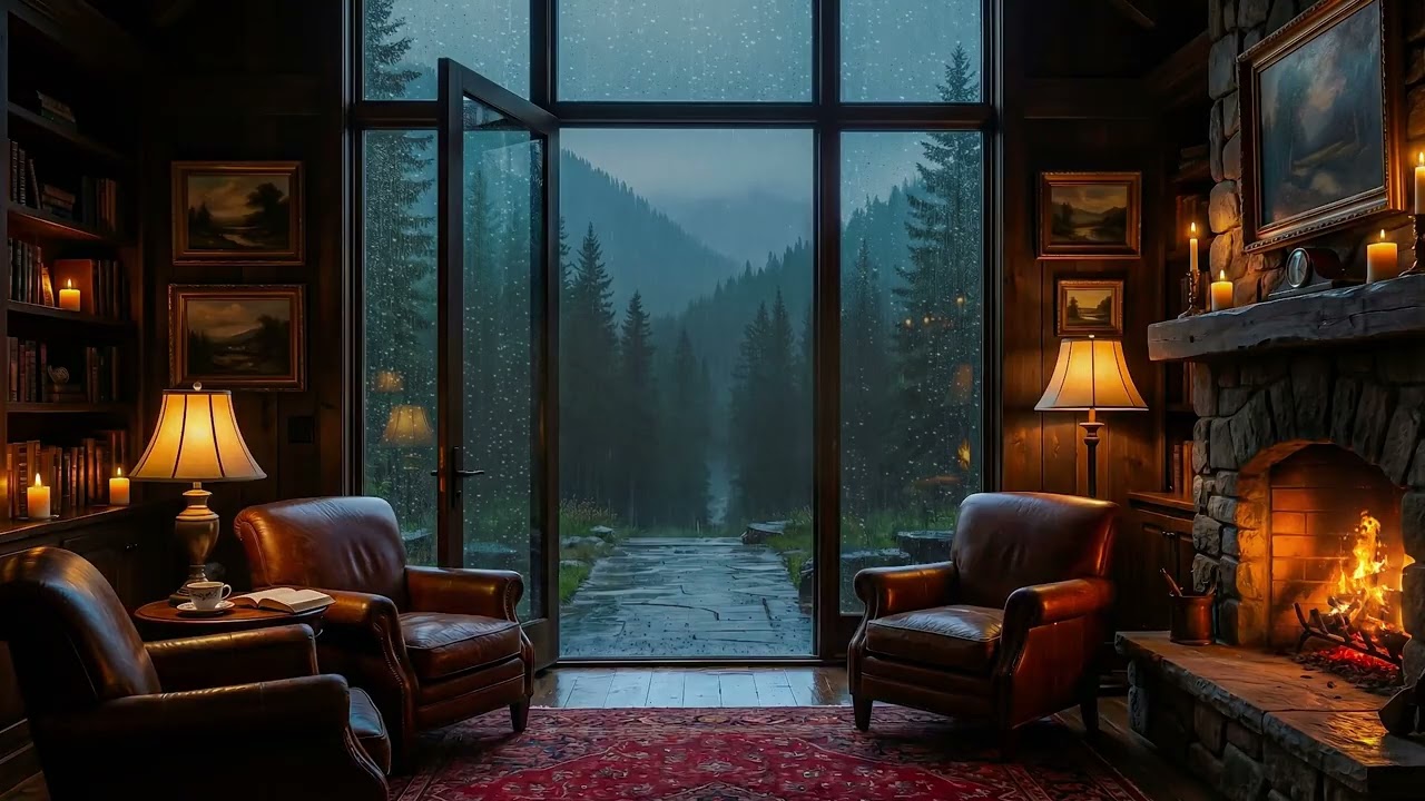 Scottish Coastal Highlands Library – Cozy Night Ambience | Rain on Roof & Fireplace ASMR for Sleep