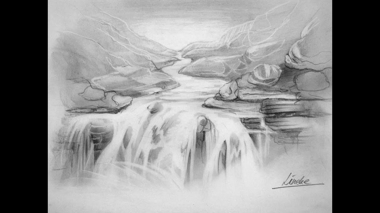 Waterval landschap tekening grafiet en gumpotlood