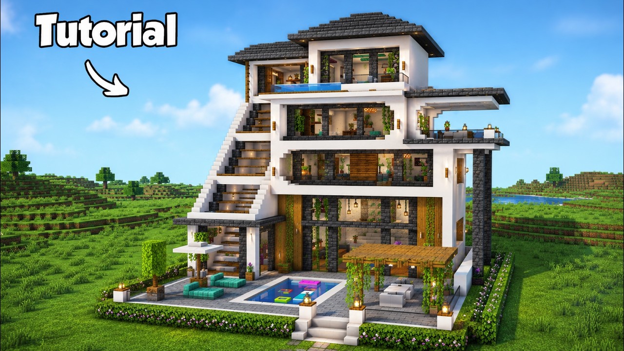 Minecraft: How to Build a Modern House Tutorial (Easy to Follow) #50 - Interior in Description!