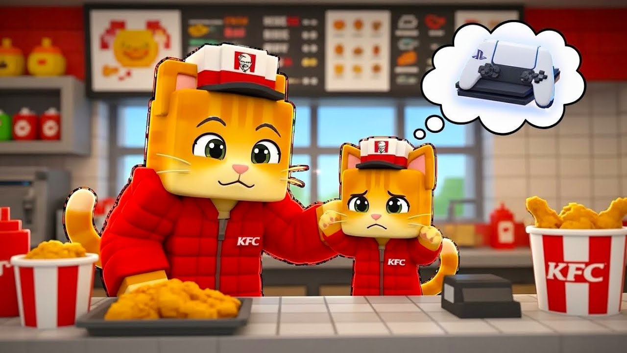 Poor Kitten Works at KFC Dreaming of a PS5, Mama Cat Tries to Comfort Him 🎮|Ginger Minecraft Story 🐱