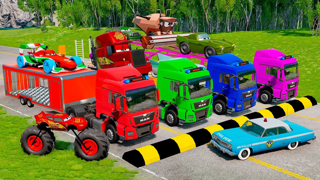 Quadruple Trucks Transporting cars with Flatbed Trailers | Cars vs Speedbump vs Train vs Pothole