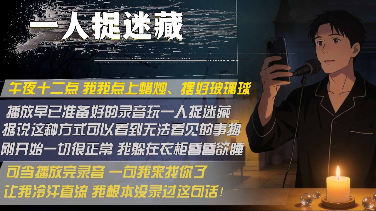 午夜十二點 我我點上蠟燭、擺好玻璃球，播放早已準備好的錄音玩一人捉迷藏，據說這種方式可以看到無法看見的事物，剛開始一切很正常 我躲在衣櫃昏昏欲睡，可當播放完錄音 一句我來找你了，讓我冷汗直流 我根本