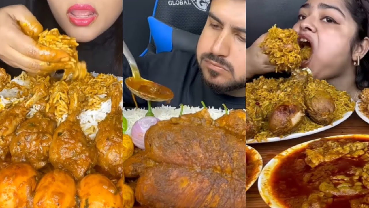 ASMR, EATING,SPICY*CHICKEN KOSHA, MUTTON CURRY, CHICKEN BIRIYANI, EGG CURRY, BASMATI RICE EATING 
