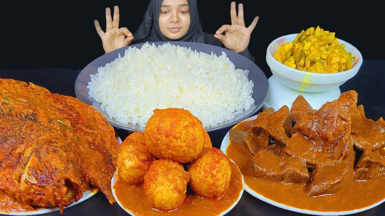 SPICY MUTTON KALEJI CURRY AND LUNCH CURRY, 2 WHOLE FISH CURRY, EGG CURRY, RICE, ASMR EATING BIGBITES