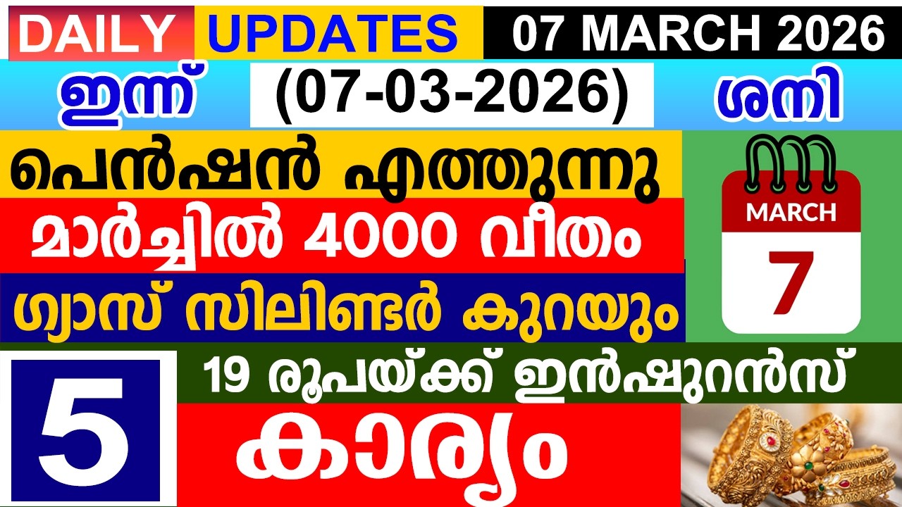 ഇന്ന്(2026 മാർച്ച് 07) 4000 വീതം മാർച്ചിൽ പെൻഷനെത്തും|19 രൂപയ്ക്ക് ഇൻഷുറൻസ് |ഗ്യാസ് സിലിണ്ടർ കുറയും