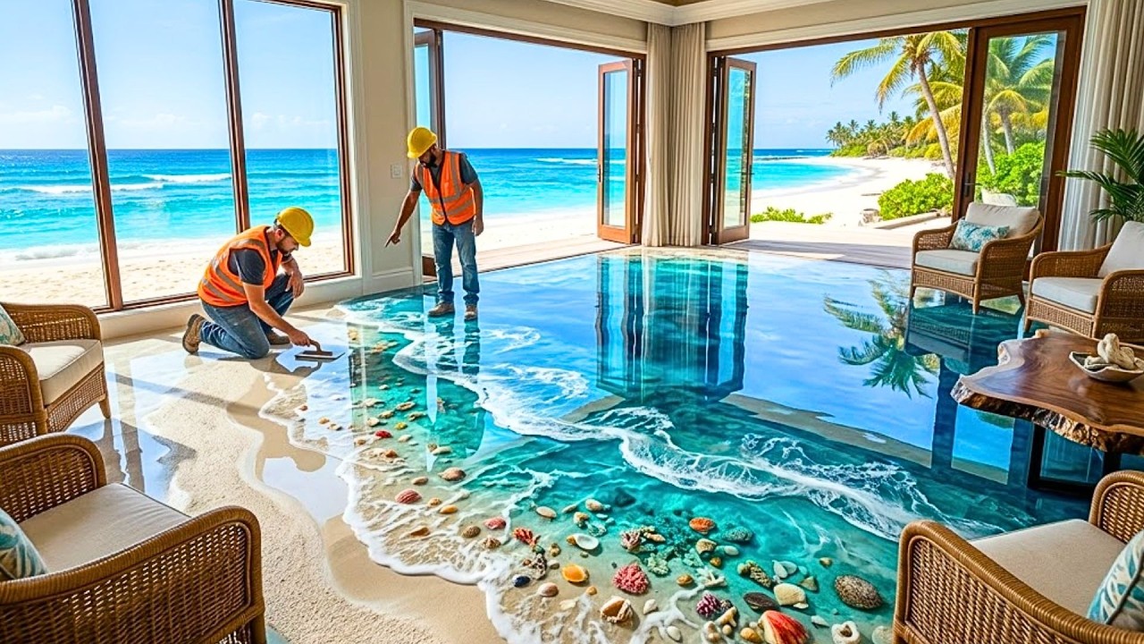 Top 7 Tropical White Sand Beach Epoxy Floors Featuring Crushed Seashells with 3D Ocean Waves